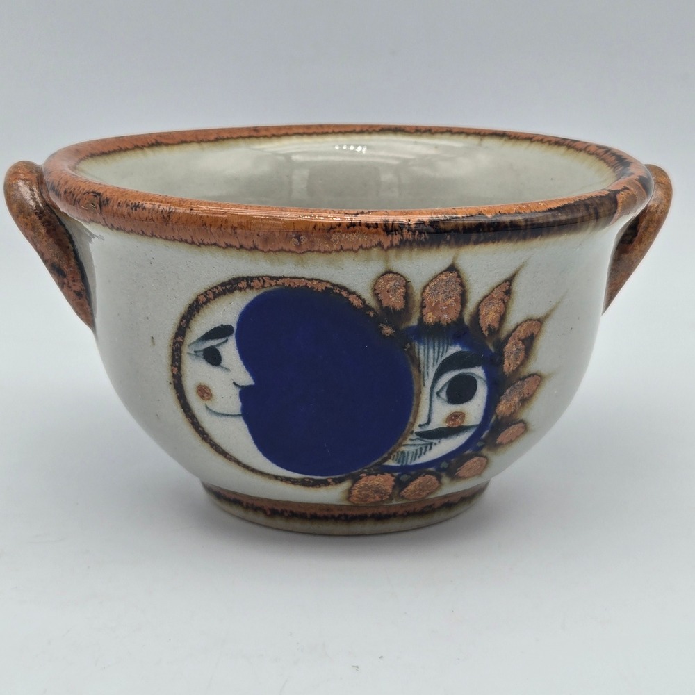 Vintage Tonala Pottery‎ Bowl Sun Moon Celestial Cobalt Blue Hand Painted Mexico